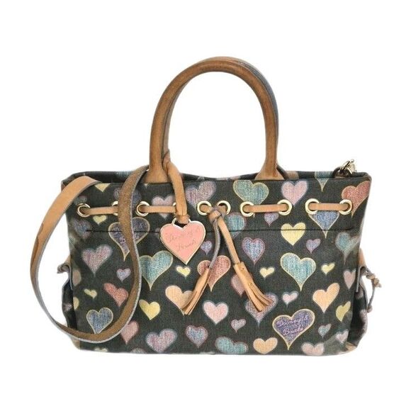 Dooney & Bourke Multicolored Hearts Print Tassel Tote Dual Leather Straps USA - Picture 1 of 12